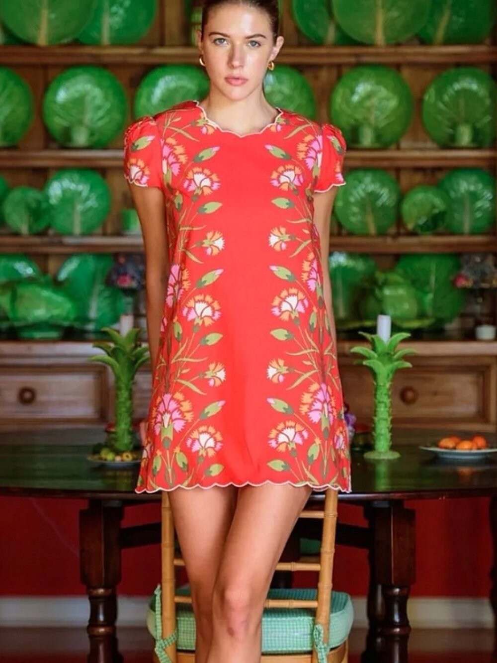 Elizabeth James Louisa Scalloped Shift Dress in Indian Flower-Poppy Size Small